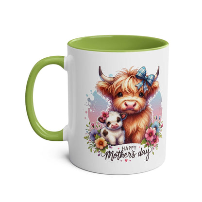 Cute Highland Cow Mother's Day gift mug with colorful design and floral accents.