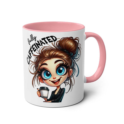 Fun Sarcastic Coffee Mug with cute character, pink handle, humorous "fully caffeinated" design, glossy finish, 11oz ceramic, microwave and dishwasher safe.