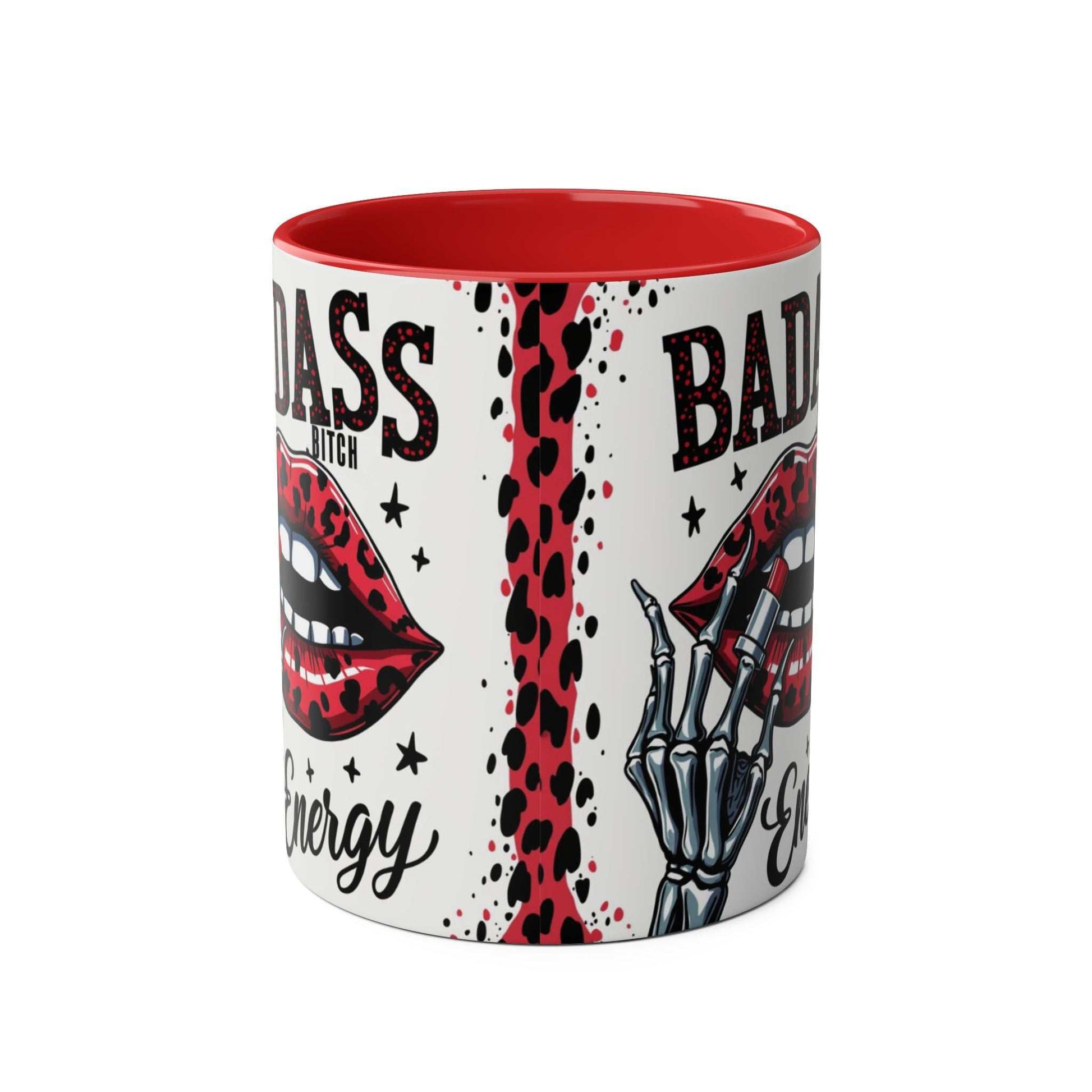 Badass Bitch Ceramic Two Tone Mug with Red Interior, Glossy Finish, 11oz, Fun Cheeky Design.