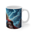 White ceramic mug featuring a Thor-inspired Marvel superhero design with lightning and stormy sky background.