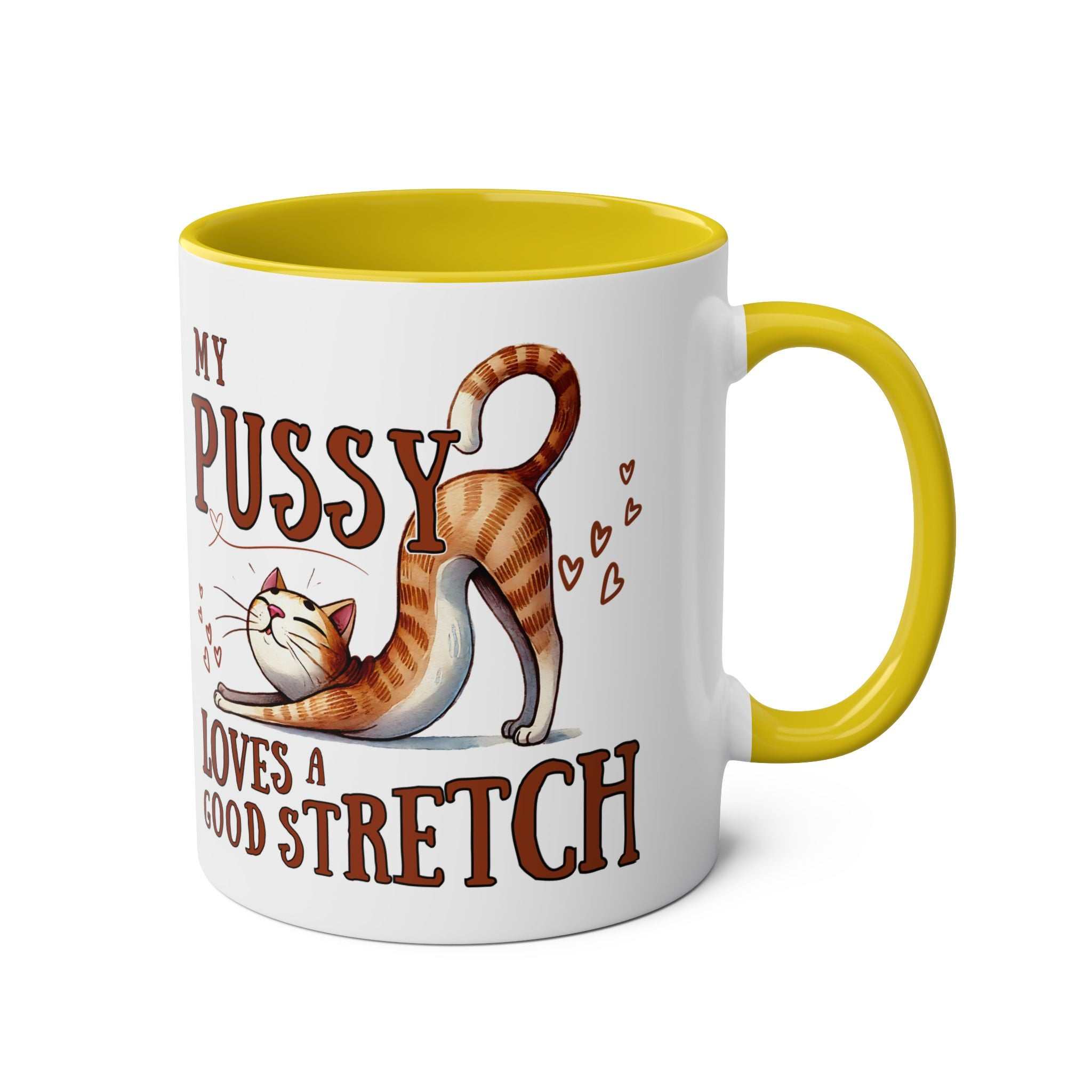 Cheeky Fun Coffee Mug with cat stretch design, yellow handle and interior, 11oz ceramic, glossy finish, microwave and dishwasher safe