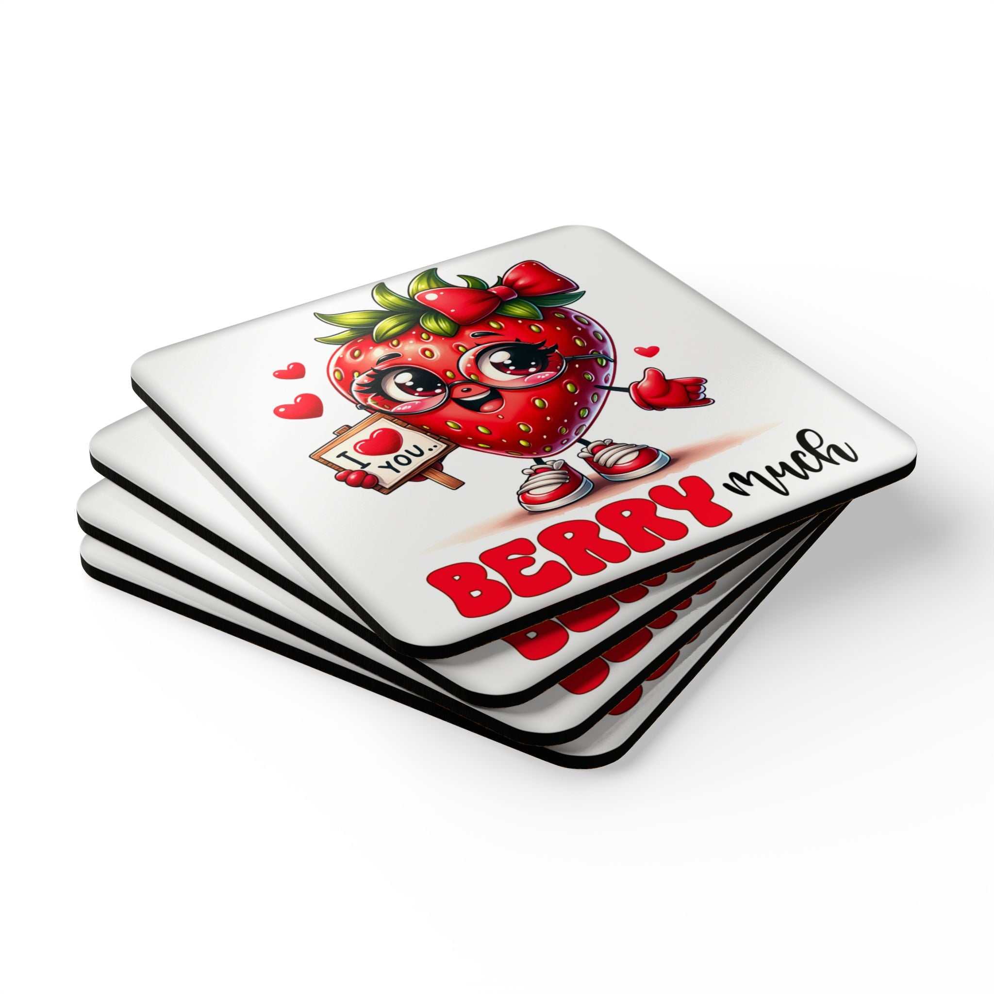 Love You Berry Much Coaster Set with cute strawberry design, high-gloss finish, and cork back.
