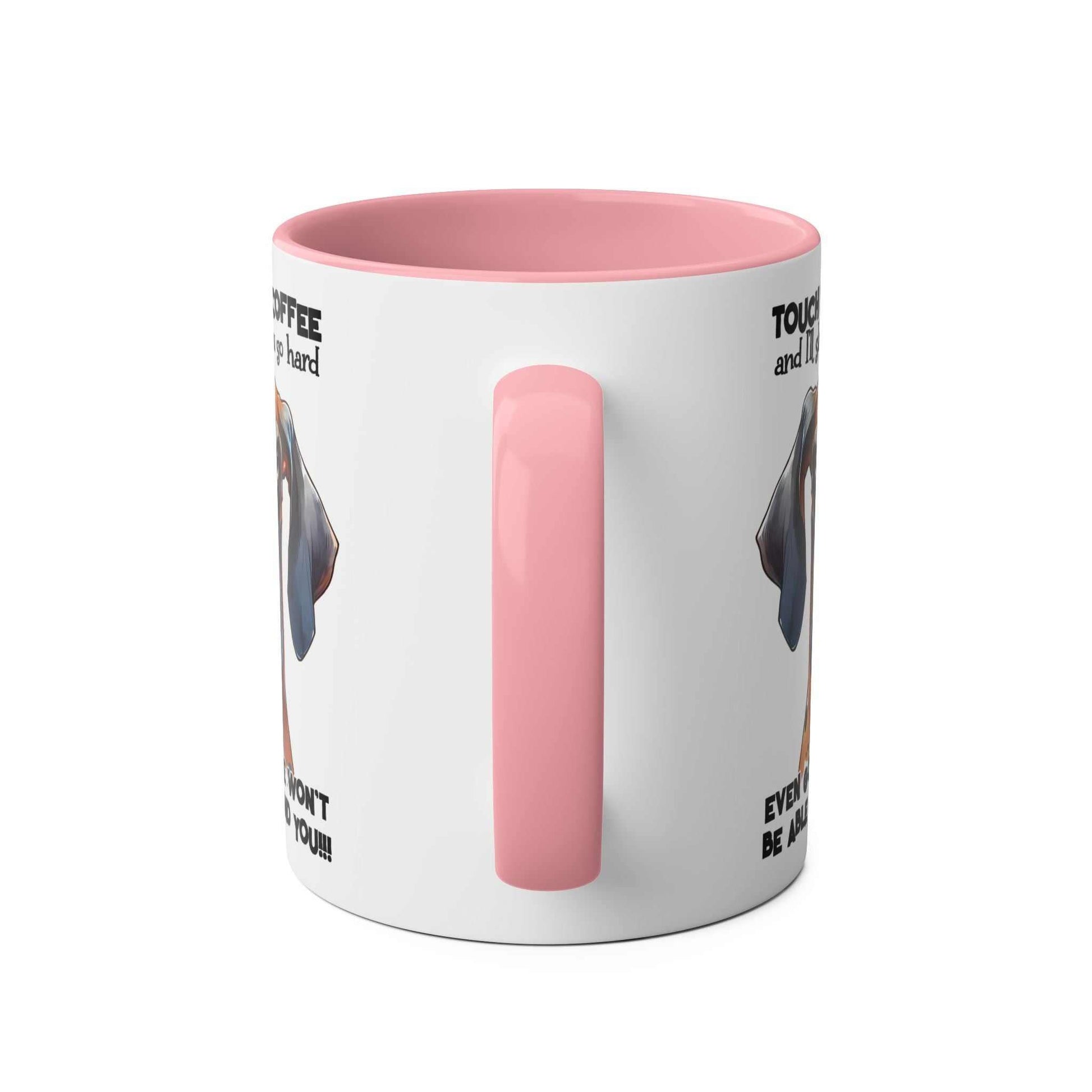 Dog-themed "Touch My Coffee Mug" with pink handle, featuring playful sarky design; 11oz ceramic, glossy finish, microwave and dishwasher safe.