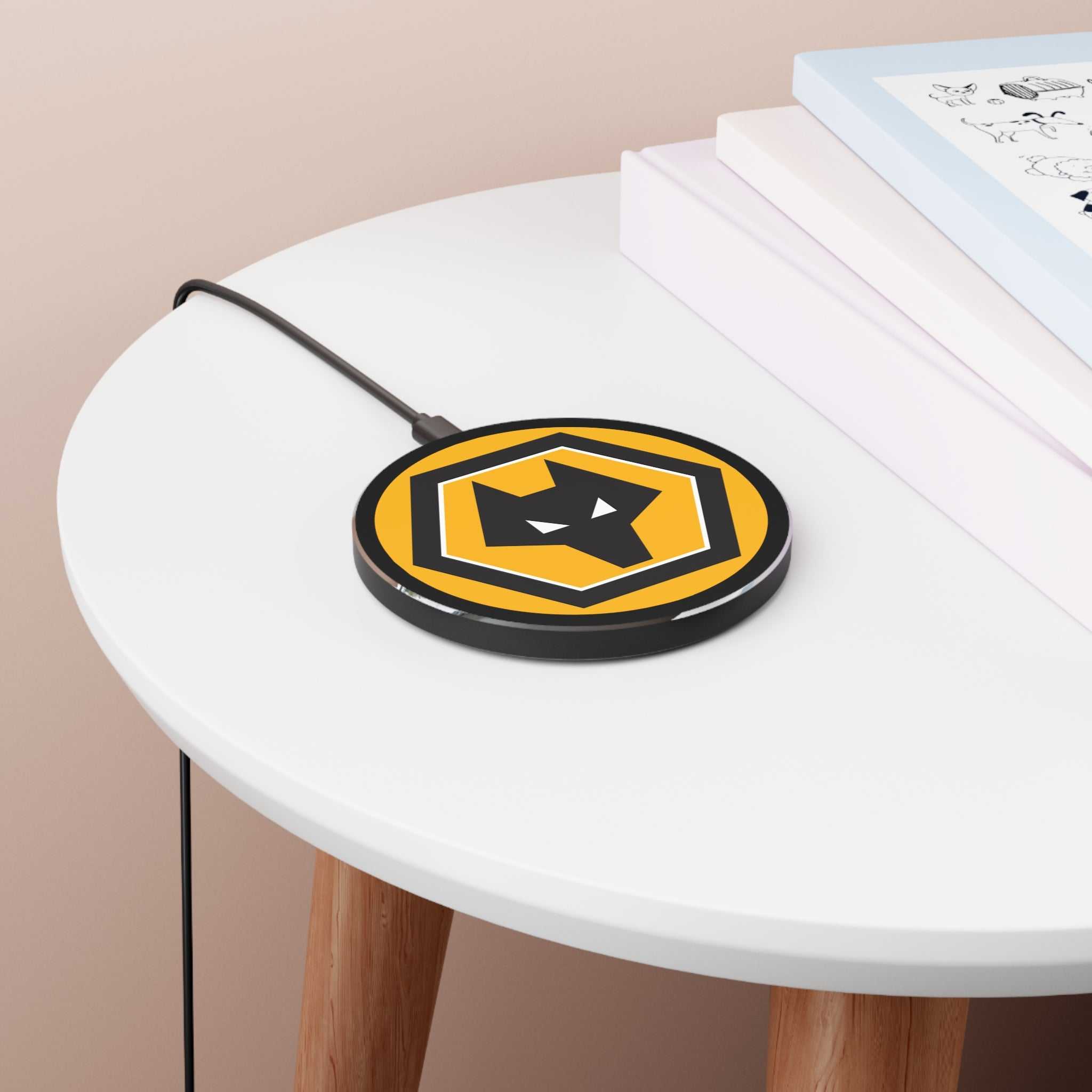 Wolves FC Wireless Charger with gold and black design, 10W fast charging, durable aluminum casing, and 10cm non-slip base for Qi-enabled phones