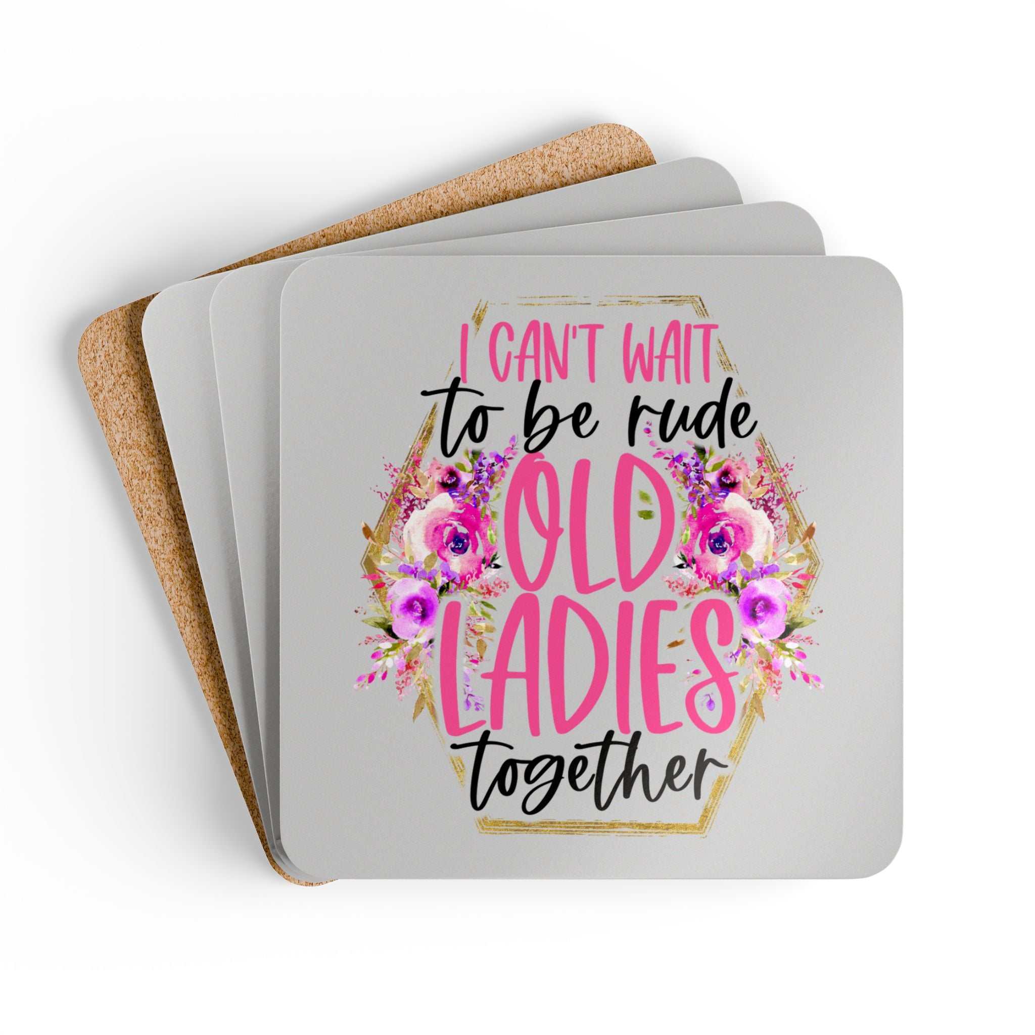 Old Ladies coaster set with playful design, high-gloss MDF top, cork back, heat-resistant, non-slip, 4-piece set.