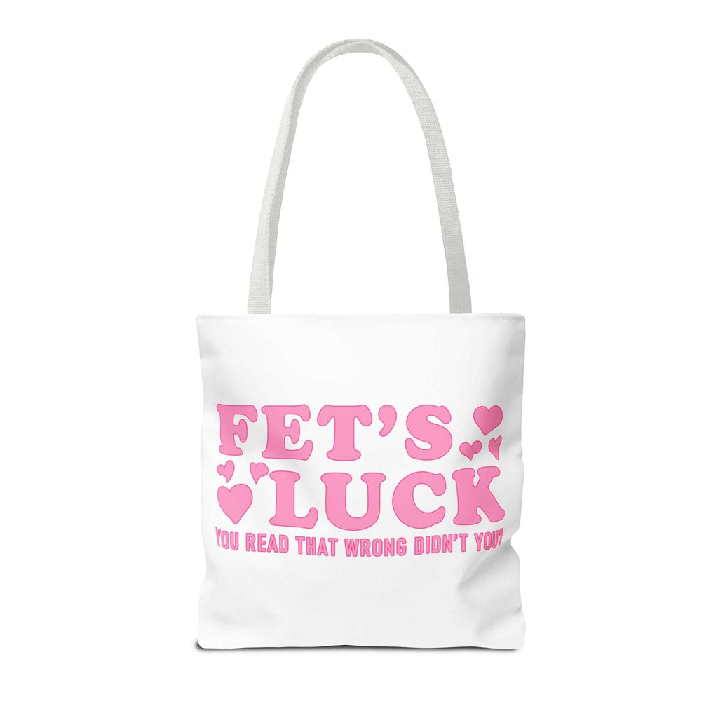 Pink heart tote bag with cheeky fun design and colorful handles