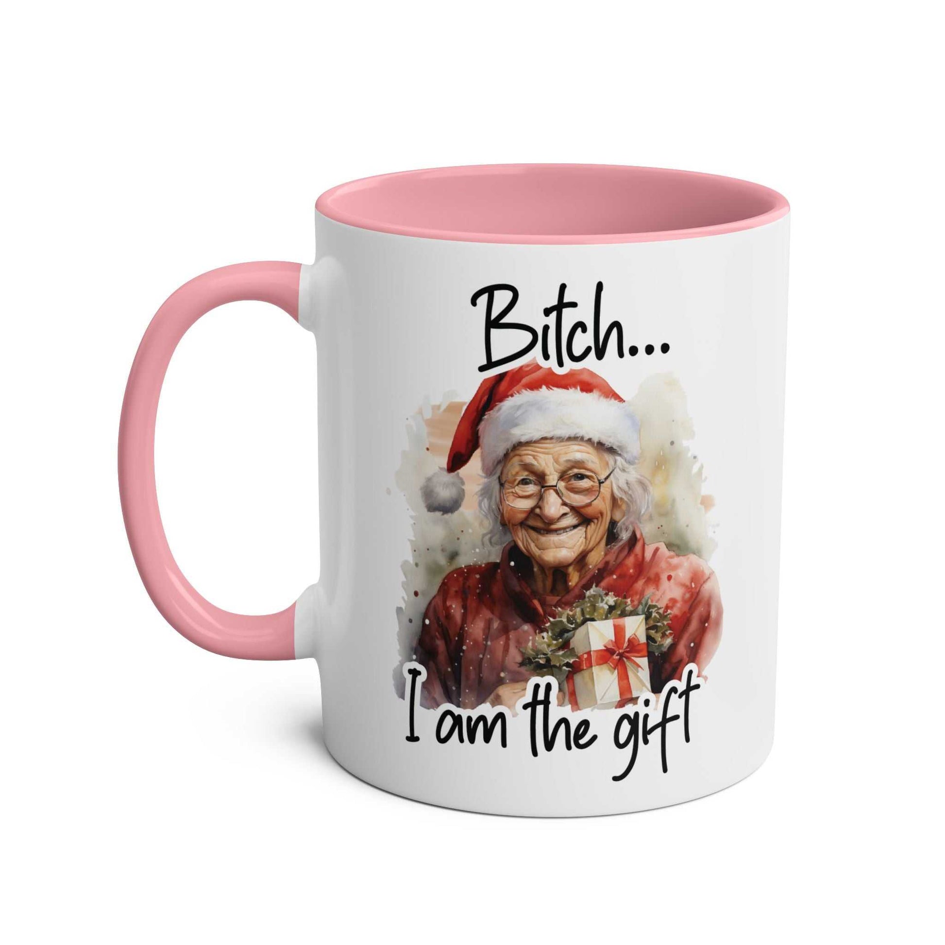 Sweary Granny Christmas Mug with humorous Santa design and pink handle.