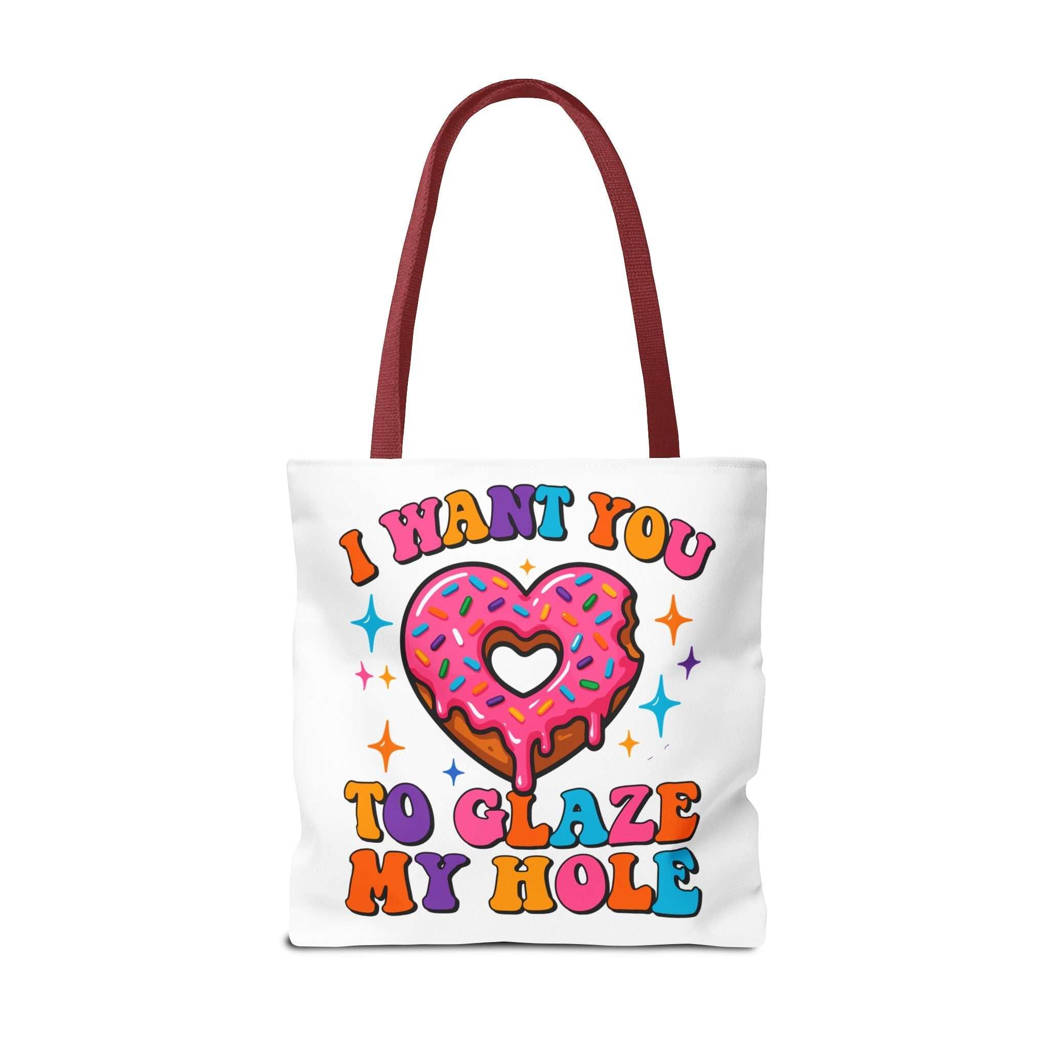 Glaze My Hole Donut Tote Bag with cheeky donut design and cotton webbing straps
