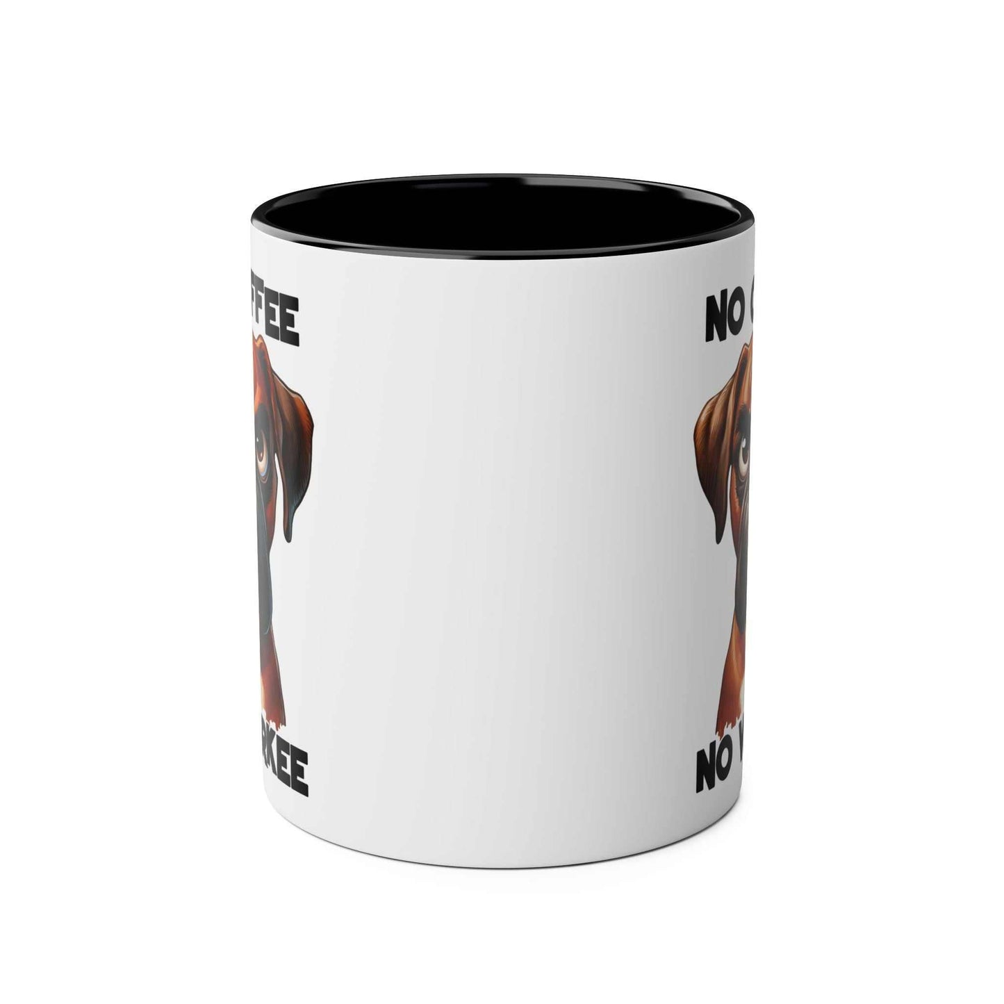 No Coffee No Workee Mug with playful sarky dog design, ceramic, glossy finish, microwave and dishwasher safe.