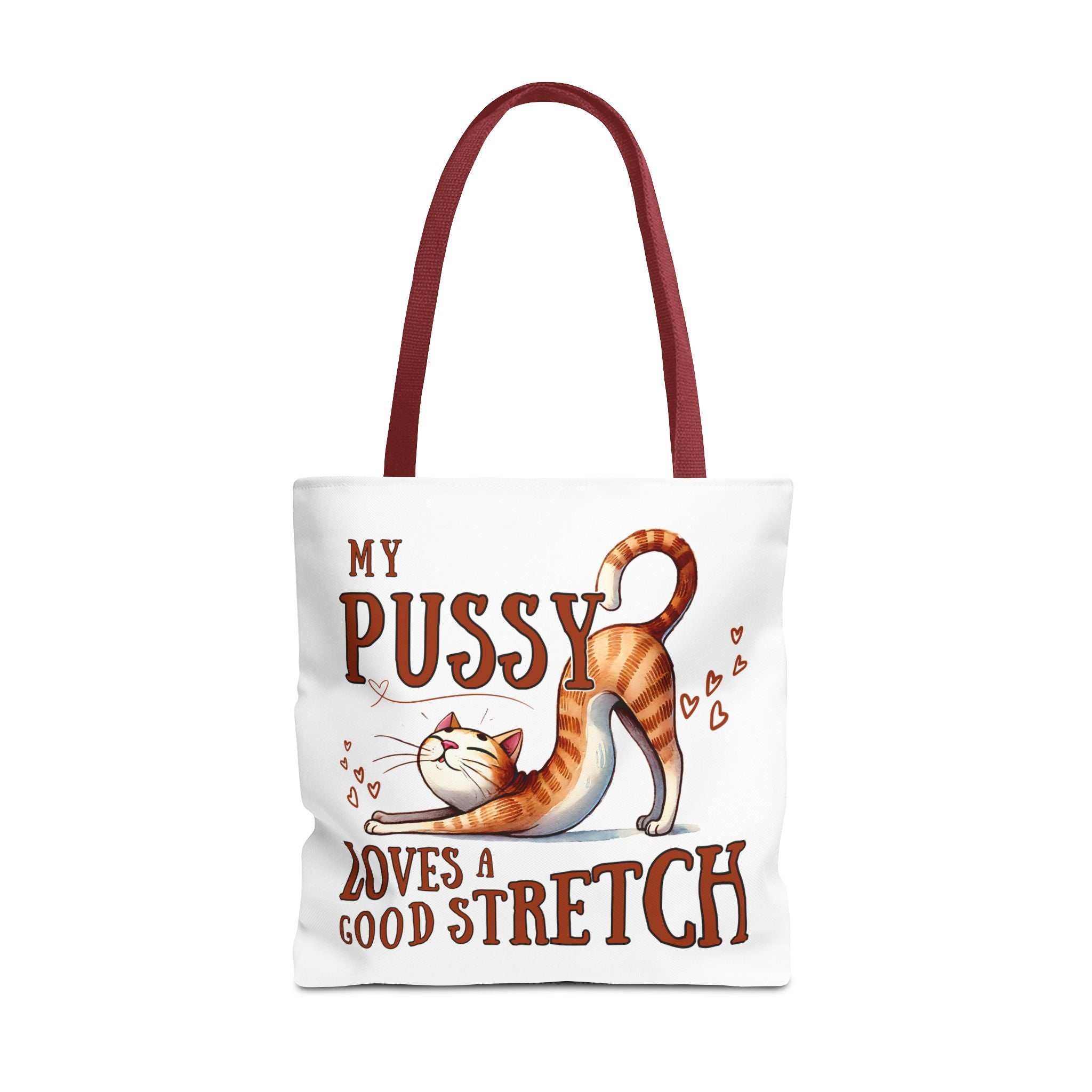 Fun stretching cat tote bag with cheeky printed design and colorful handles