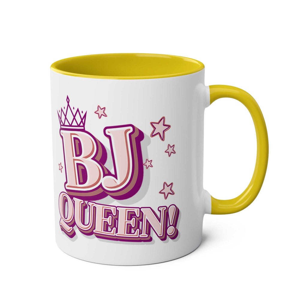 BJ Queen Coffee Mug with bold cheeky design in vibrant colors, 11oz ceramic, microwave and dishwasher safe