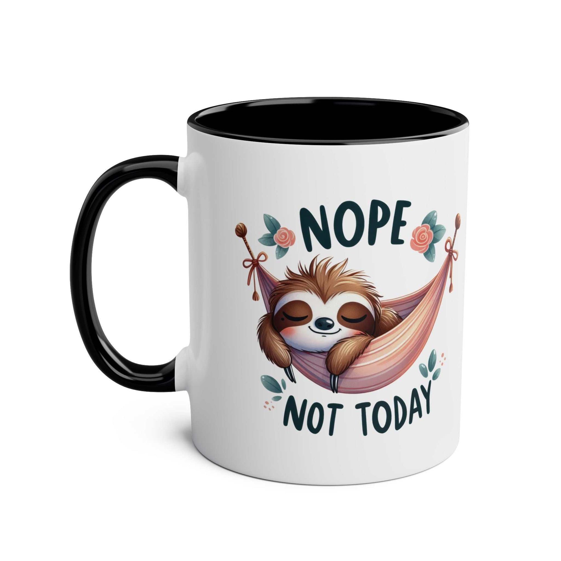 Cute sloth coffee mug with "Nope, Not Today" design, 11oz ceramic, black handle.