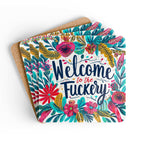 Welcome To The Fuckery Coaster Set with colorful floral design and cork backing.