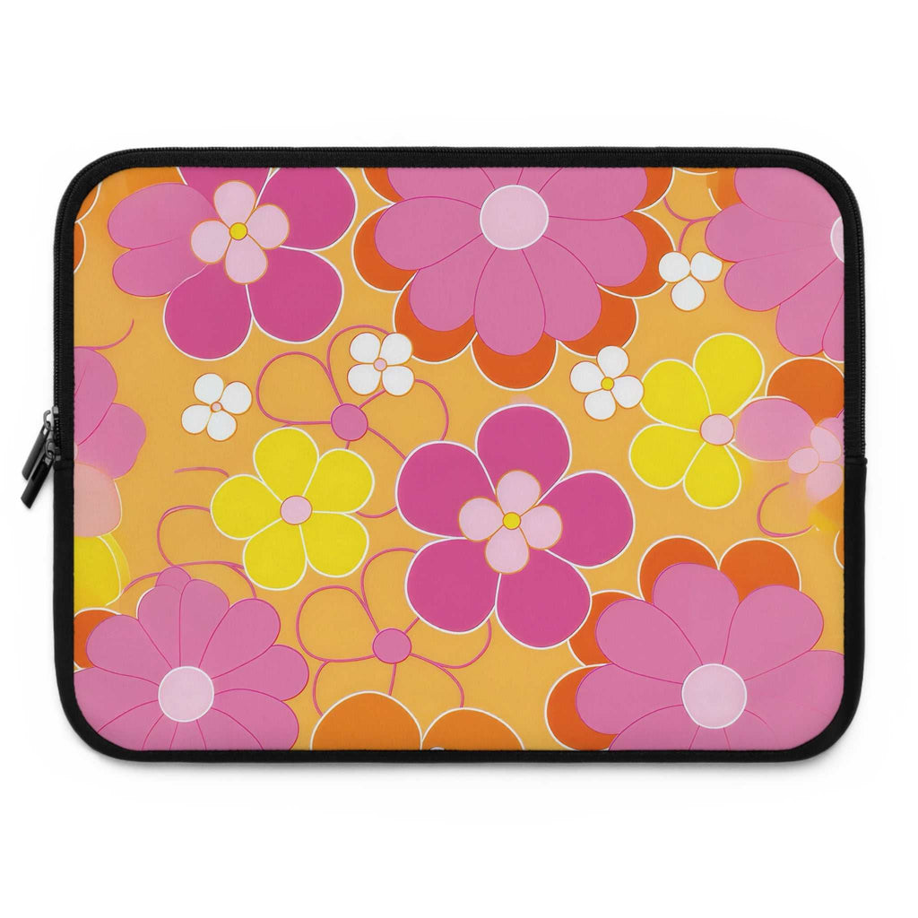 Retro floral laptop sleeve in bright pink, yellow, and orange flowers with black trim, durable neoprene and dual zipper closure