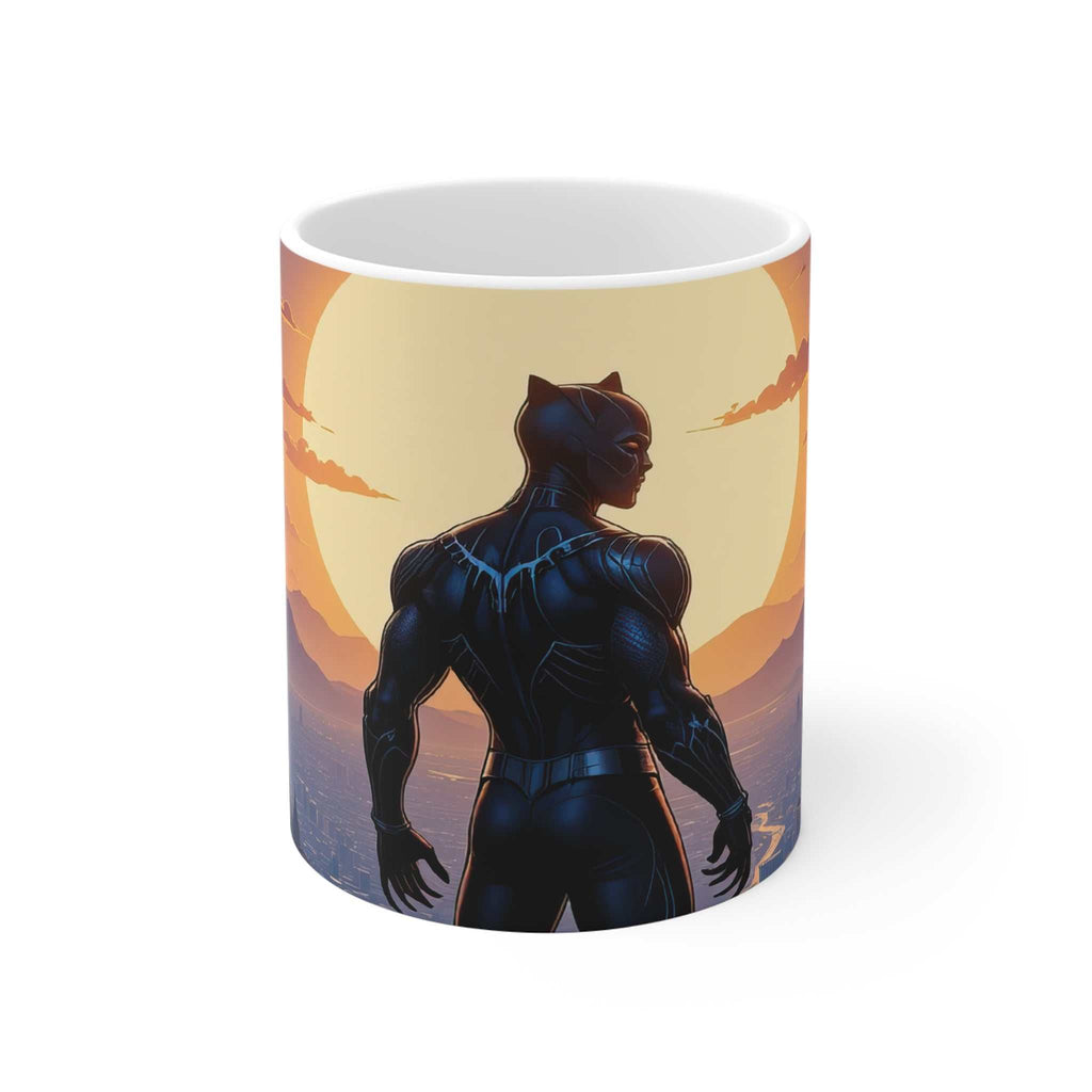 Ceramic Black Panther mug with sunset superhero design, 11oz glossy finish, microwave and dishwasher safe.