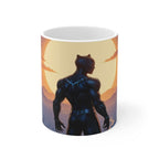 Ceramic Black Panther mug with sunset superhero design, 11oz glossy finish, microwave and dishwasher safe.