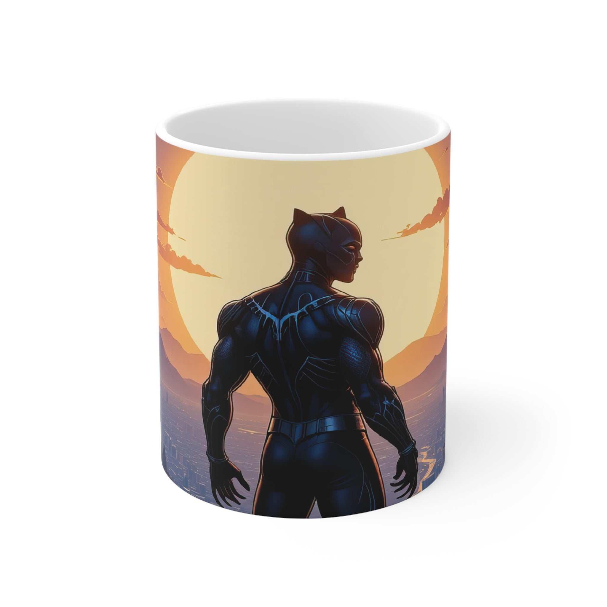 Ceramic Black Panther mug with sunset superhero design, 11oz glossy finish, microwave and dishwasher safe.