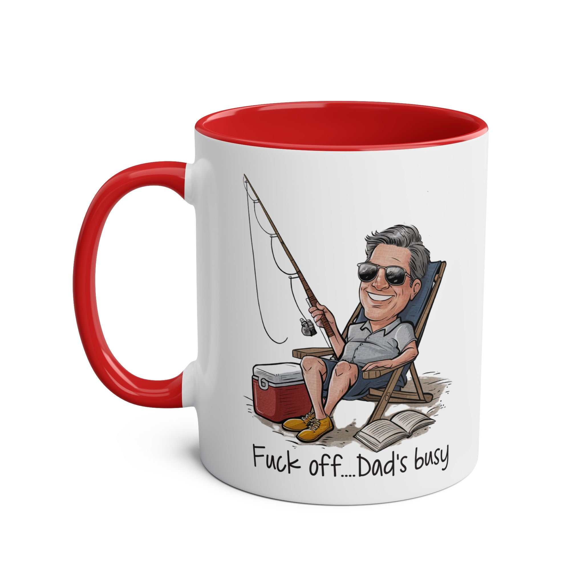 Fun Fathers Day Gift Mug with humorous dad illustration and red handle.
