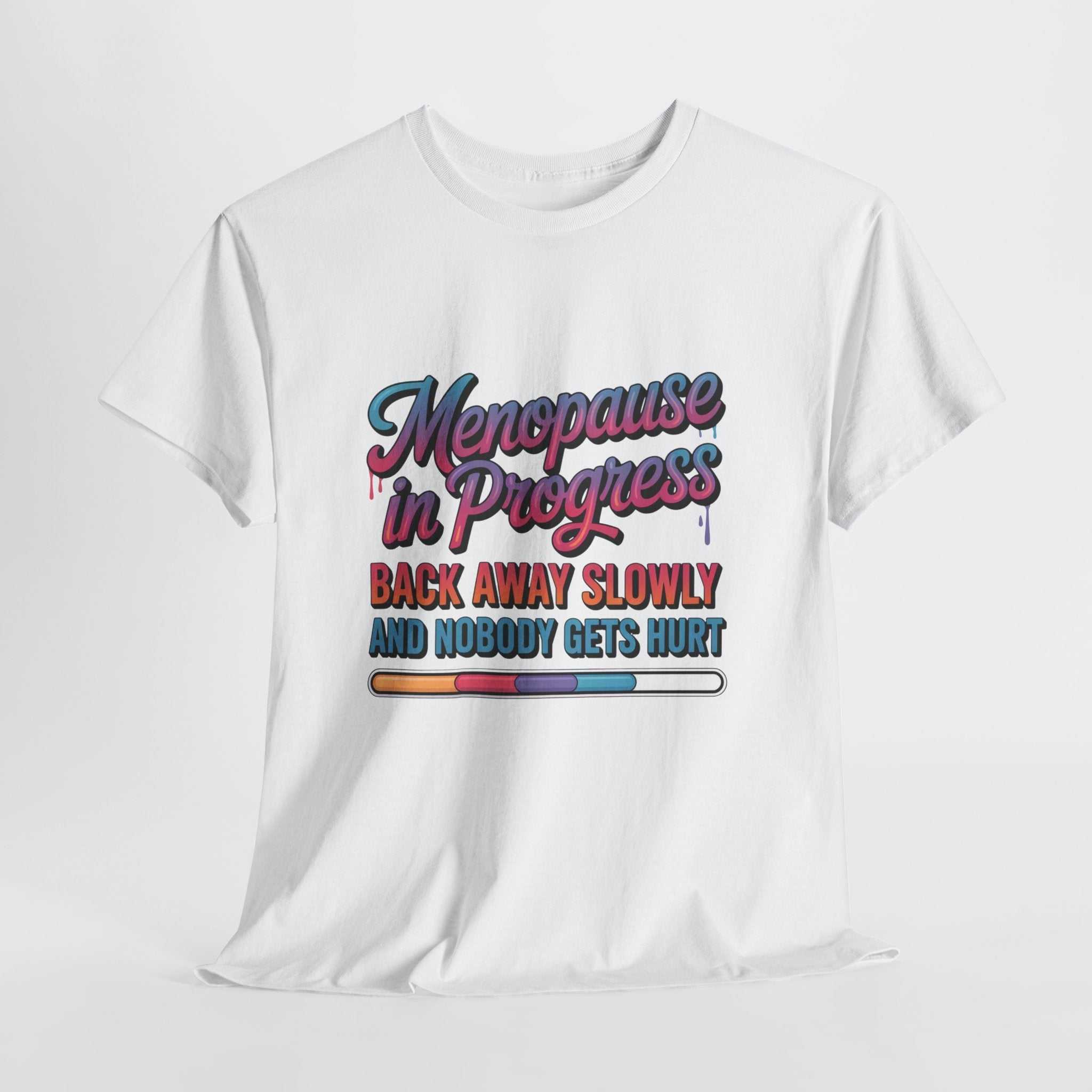 White Menopause In Progress T-Shirt with "Warning: Hot flashes loading" text and fiery emoji design