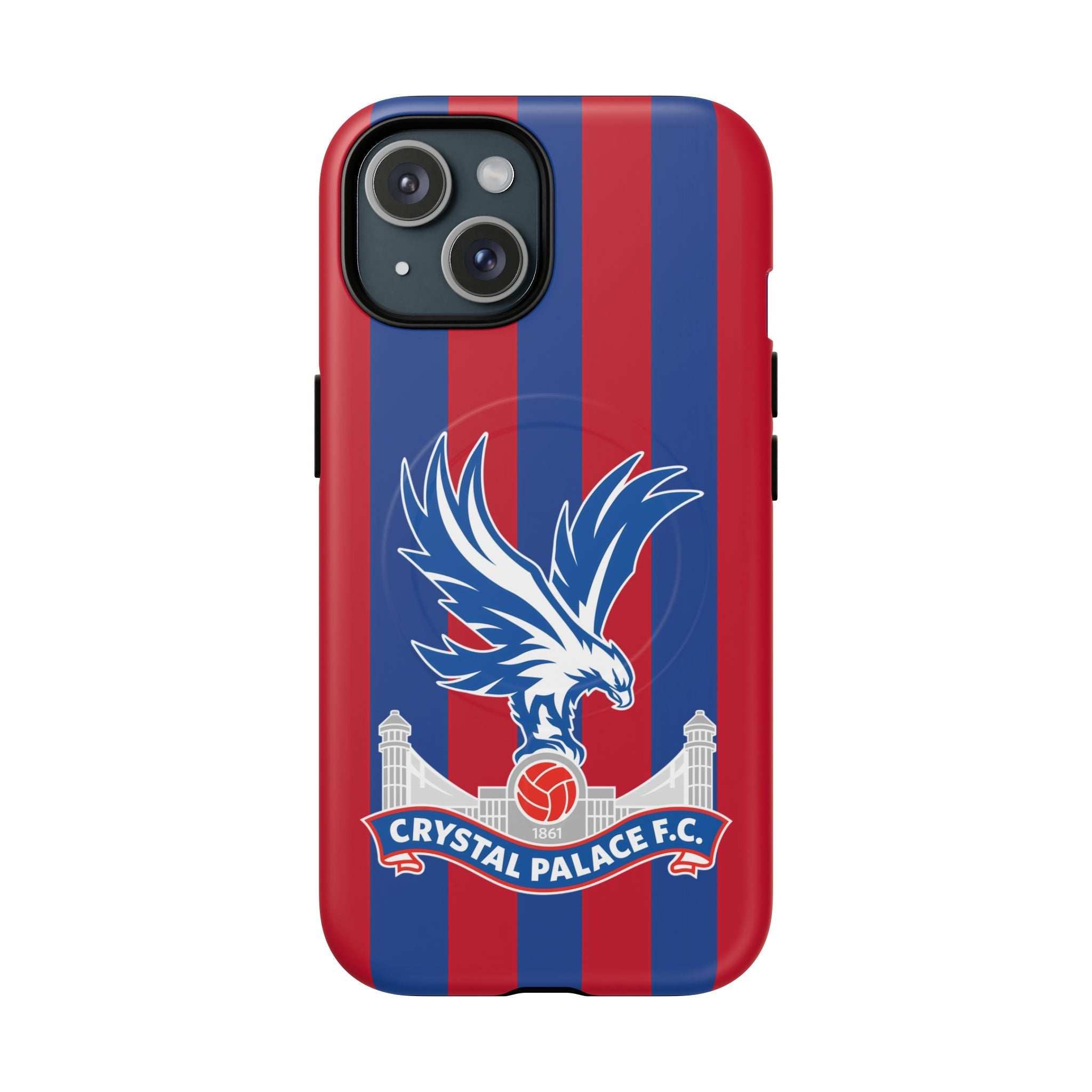 Crystal Palace MagSafe iPhone case with red and blue stripes and eagle crest for protection and wireless charging