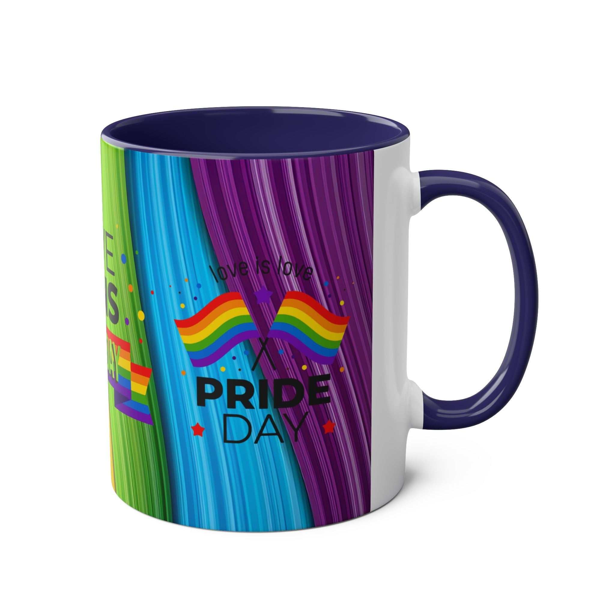 LGBTQ+ Pride mug with vibrant rainbow design, ceramic, 11oz, glossy finish.