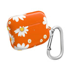 Orange Daises AirPods protective hard shell case with white daisy pattern and carabiner clip
