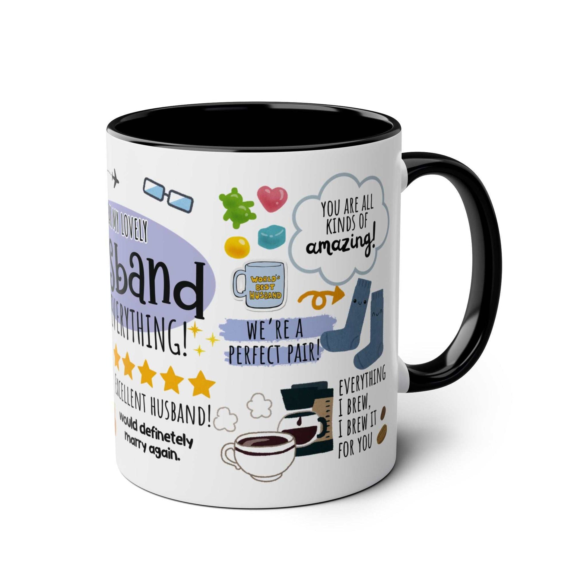 Husband Father's Day Gift Mug with fun design, 11oz ceramic, black handle.