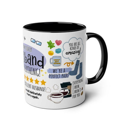 Husband Fathers Day Gift Mug with fun design, 11oz ceramic, black handle.