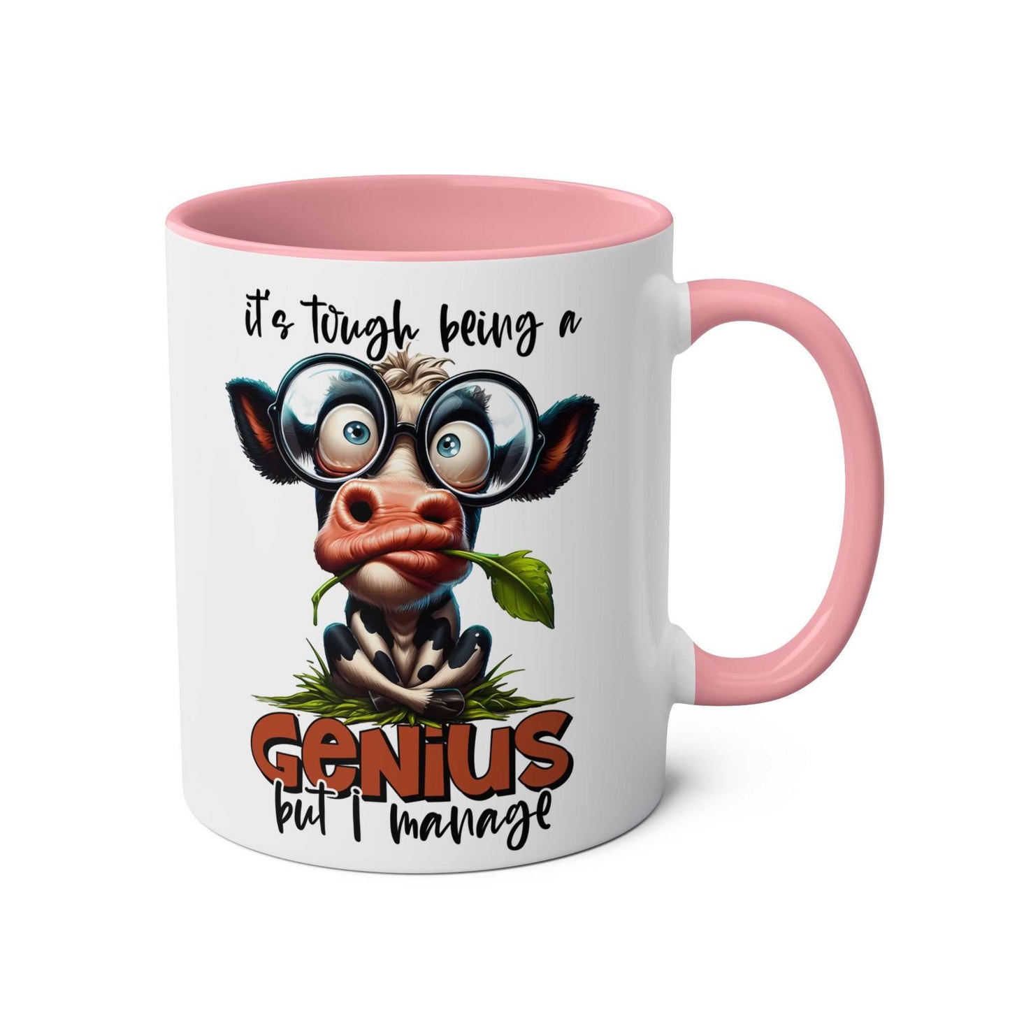 Funny Genius Coffee Mug with quirky animal graphic and pink handle.