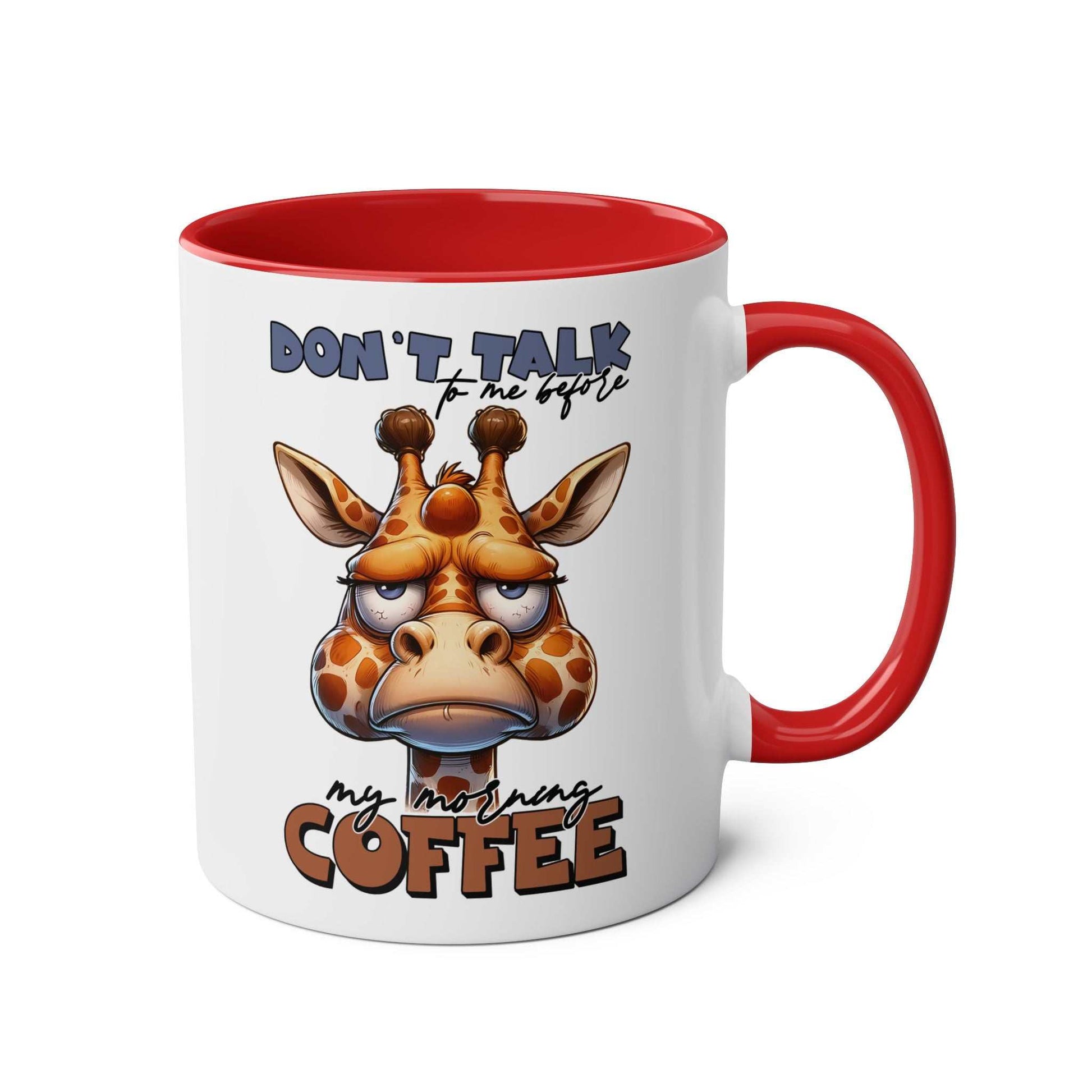 Dont Talk to Me coffee mug with grumpy giraffe design, red handle, and interior.