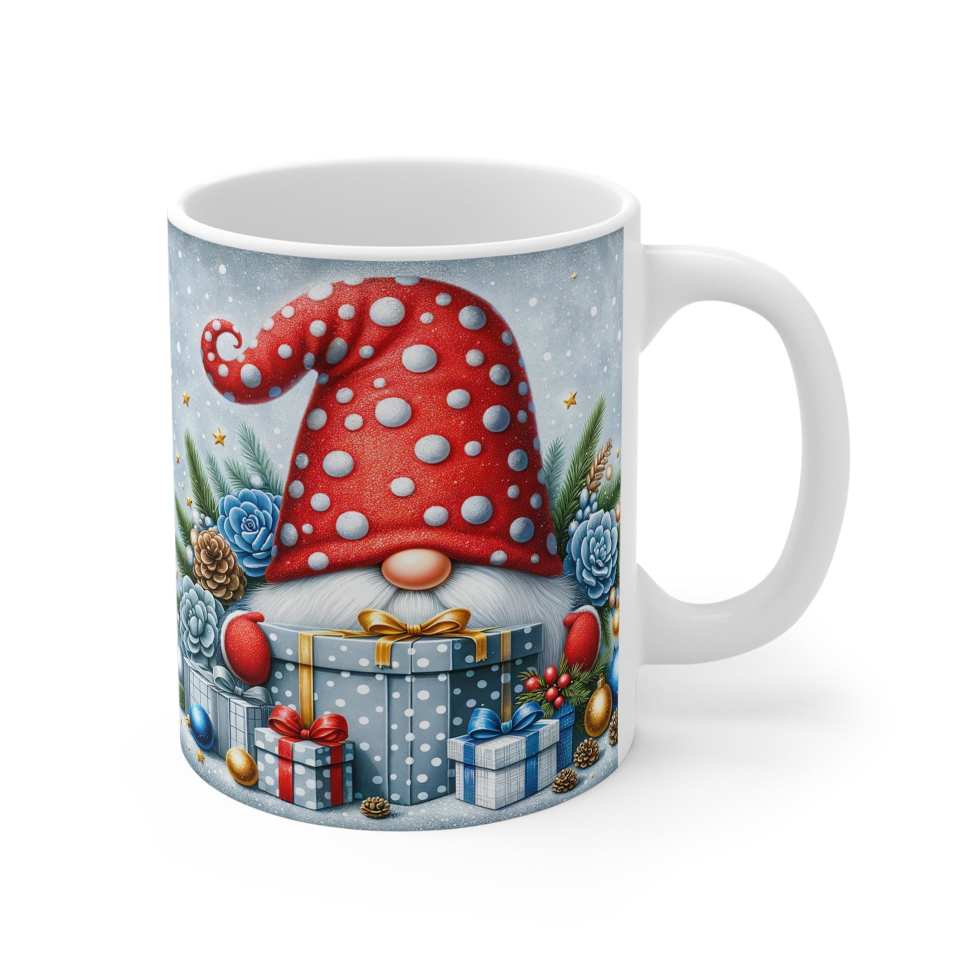 Cute gnome Christmas mug with polka dot hat and festive gifts design.