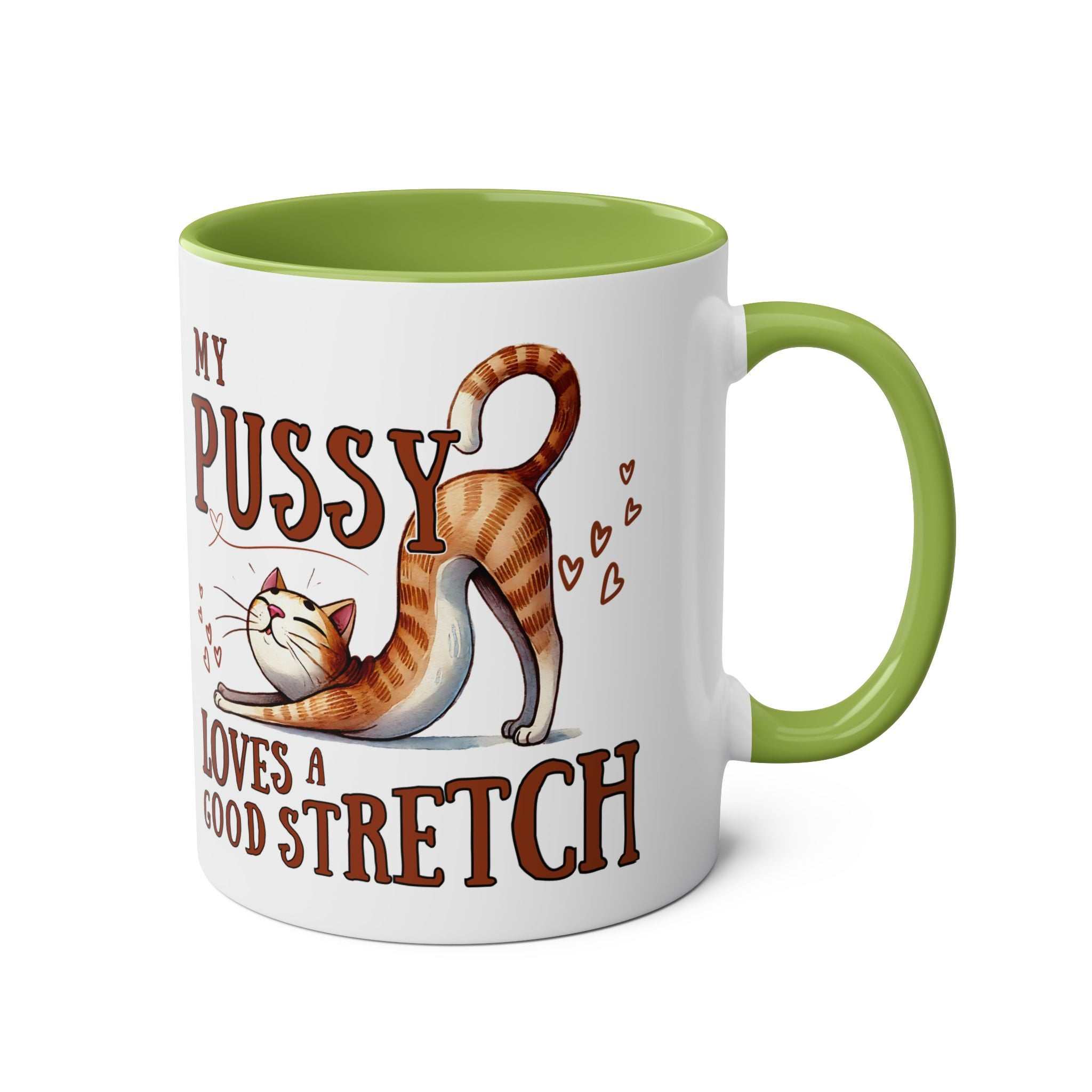 Cheeky Fun Coffee Mug with playful cat illustration and humorous text, green handle and interior, 11oz ceramic, glossy finish, dishwasher safe