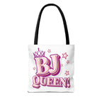 BJ Queen Tote Bag with cheeky fun design, durable spun polyester, and multiple handle color options