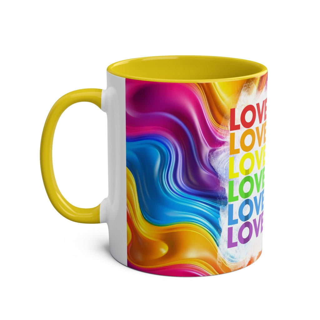 LGBTQ+ Pride mug with vibrant rainbow design and "Love" text.