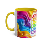 LGBTQ+ Pride mug with vibrant rainbow design and "Love" text.