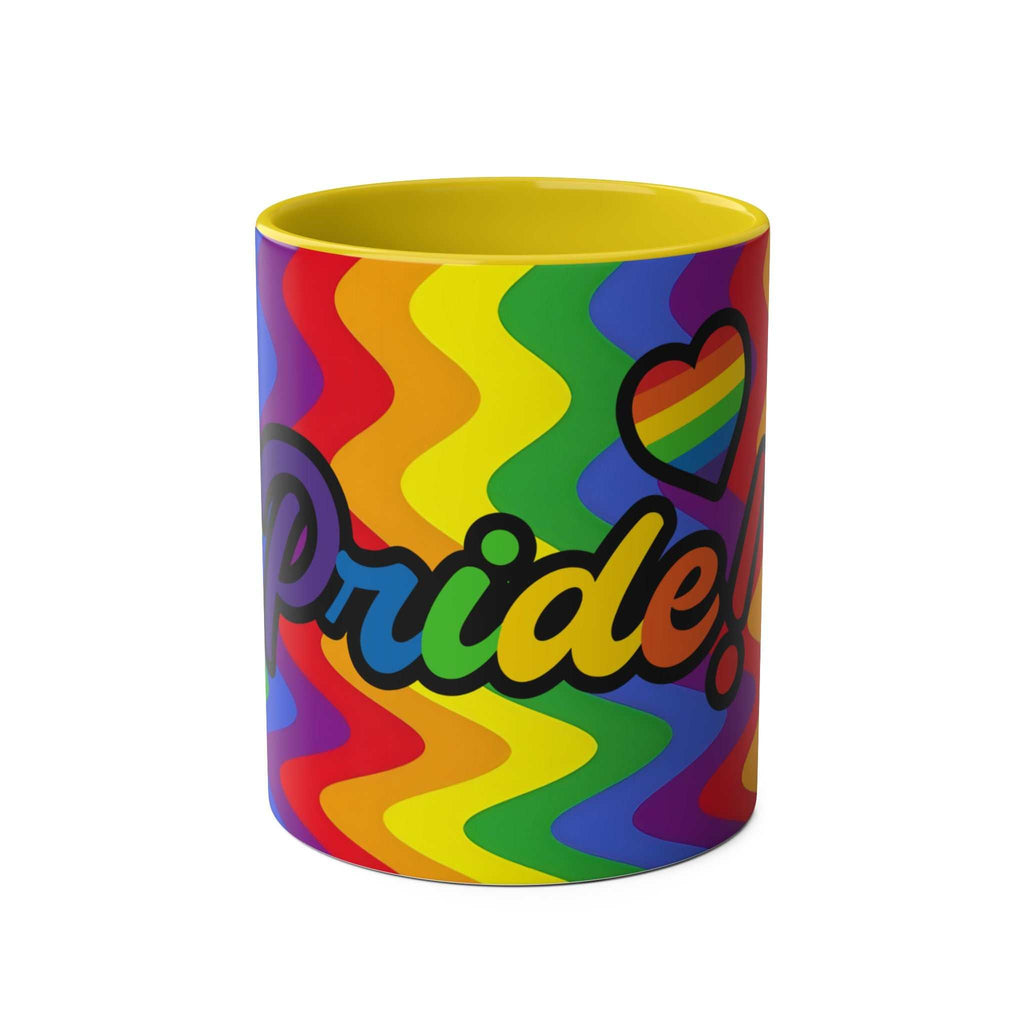 LGBTQ+ Pride mug with vibrant rainbow design and "Pride!" text, ceramic, glossy finish, available in 7 colors.