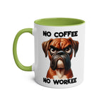 No Coffee No Workee Mug with sarky dog design, green handle, ceramic, 11oz, microwave and dishwasher safe.