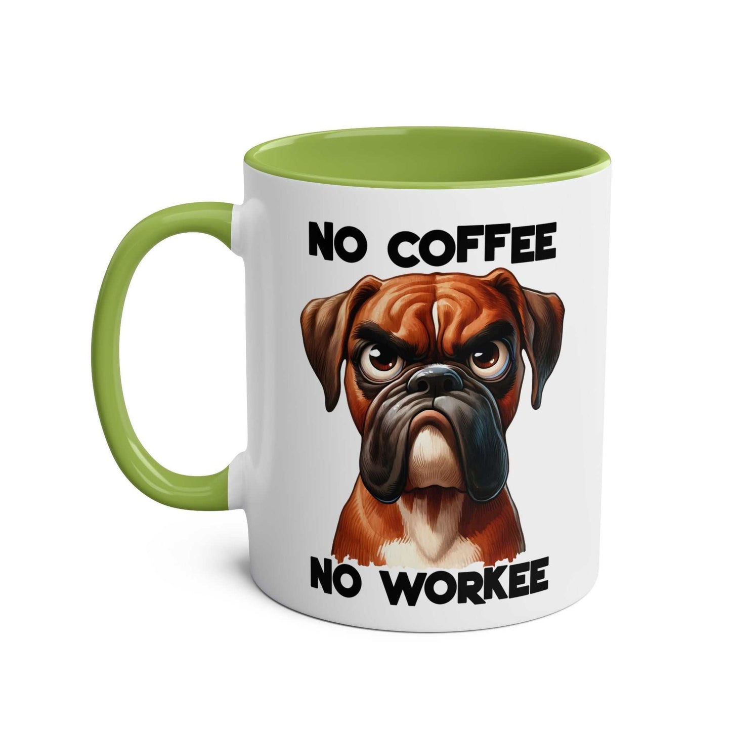 No Coffee No Workee Mug with sarky dog design, green handle, ceramic, 11oz, microwave and dishwasher safe.