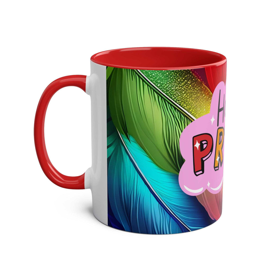 LGBTQ+ Pride ceramic mug with vibrant rainbow design and red interior.
