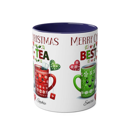 Personalised Bestie Christmas Mug with festive design and customized names, available in 7 colors, 11oz ceramic, dishwasher and microwave safe.