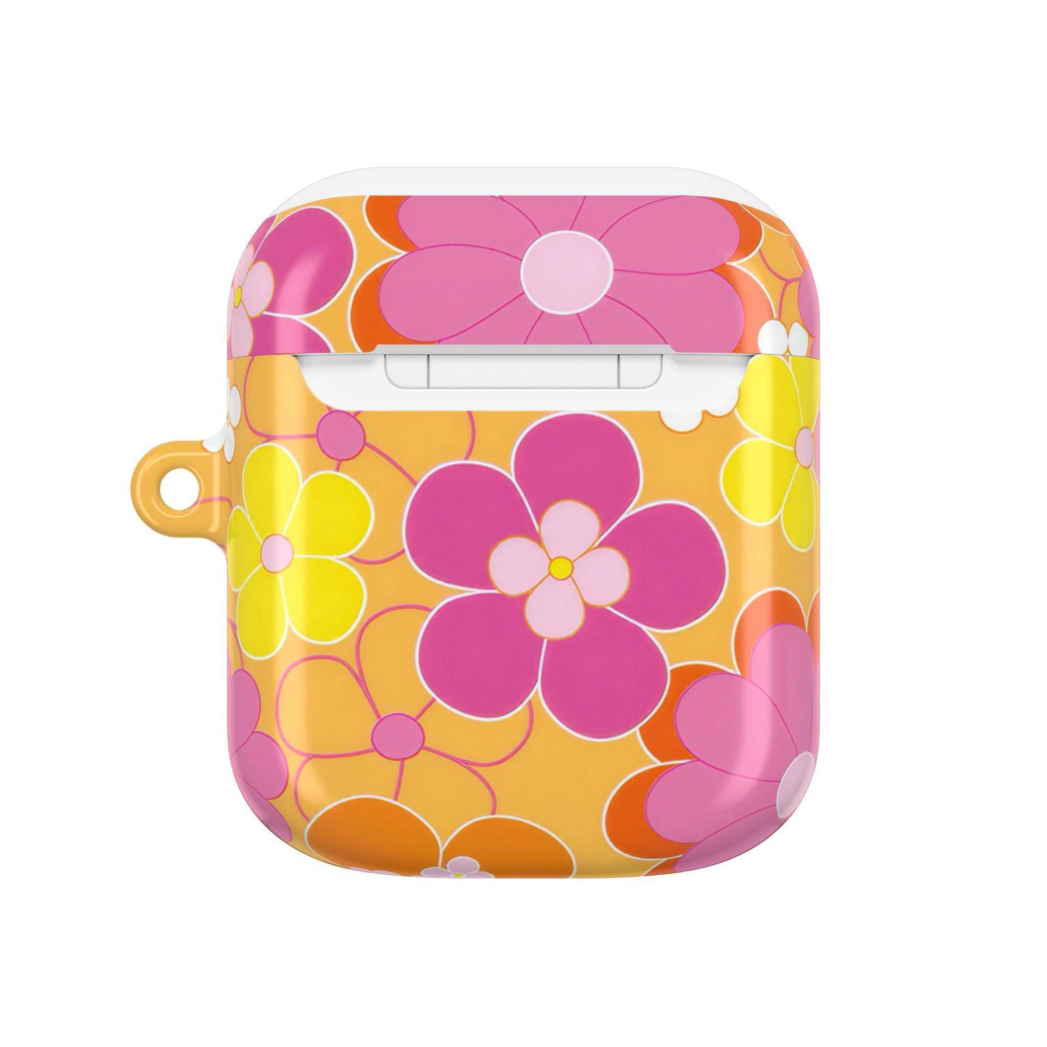 Retro floral AirPods protective case with vibrant pink and yellow flowers, glossy hard shell, compatible with AirPods and AirPods Pro.