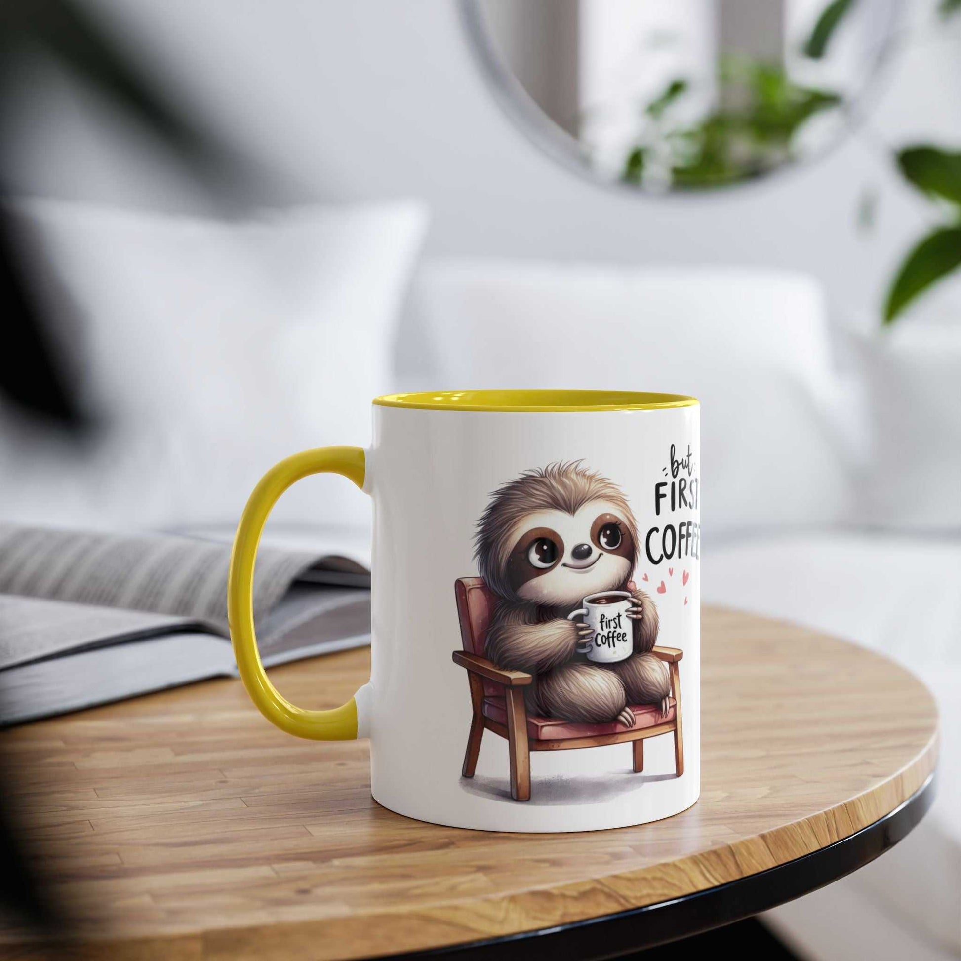 Cute sloth coffee mug with glossy finish and vibrant yellow interior.