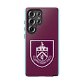 Burnley FC magnetic shockproof Samsung Galaxy case in claret and blue with dual-layer defense and wireless charging compatibility