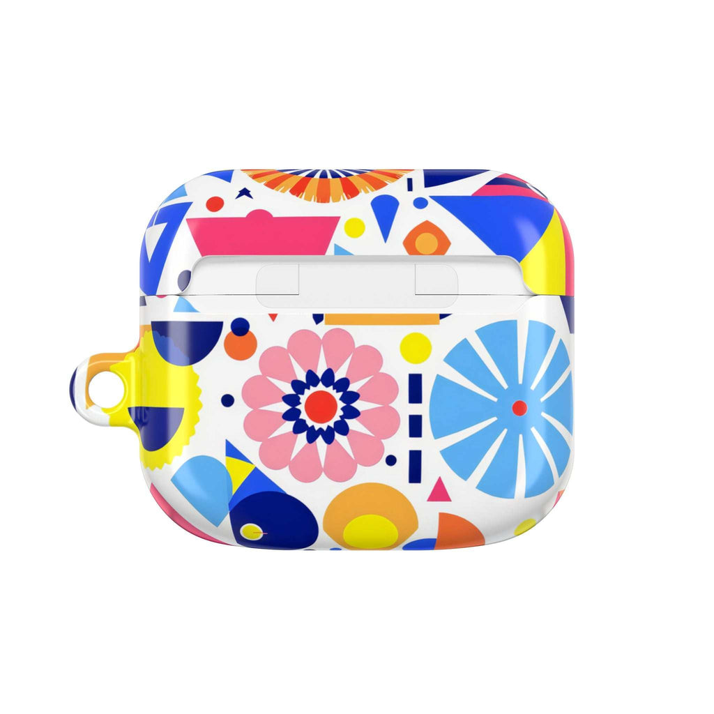 Bright geometric print protective hard shell case for AirPods and AirPods Pro with vibrant colors and glossy finish