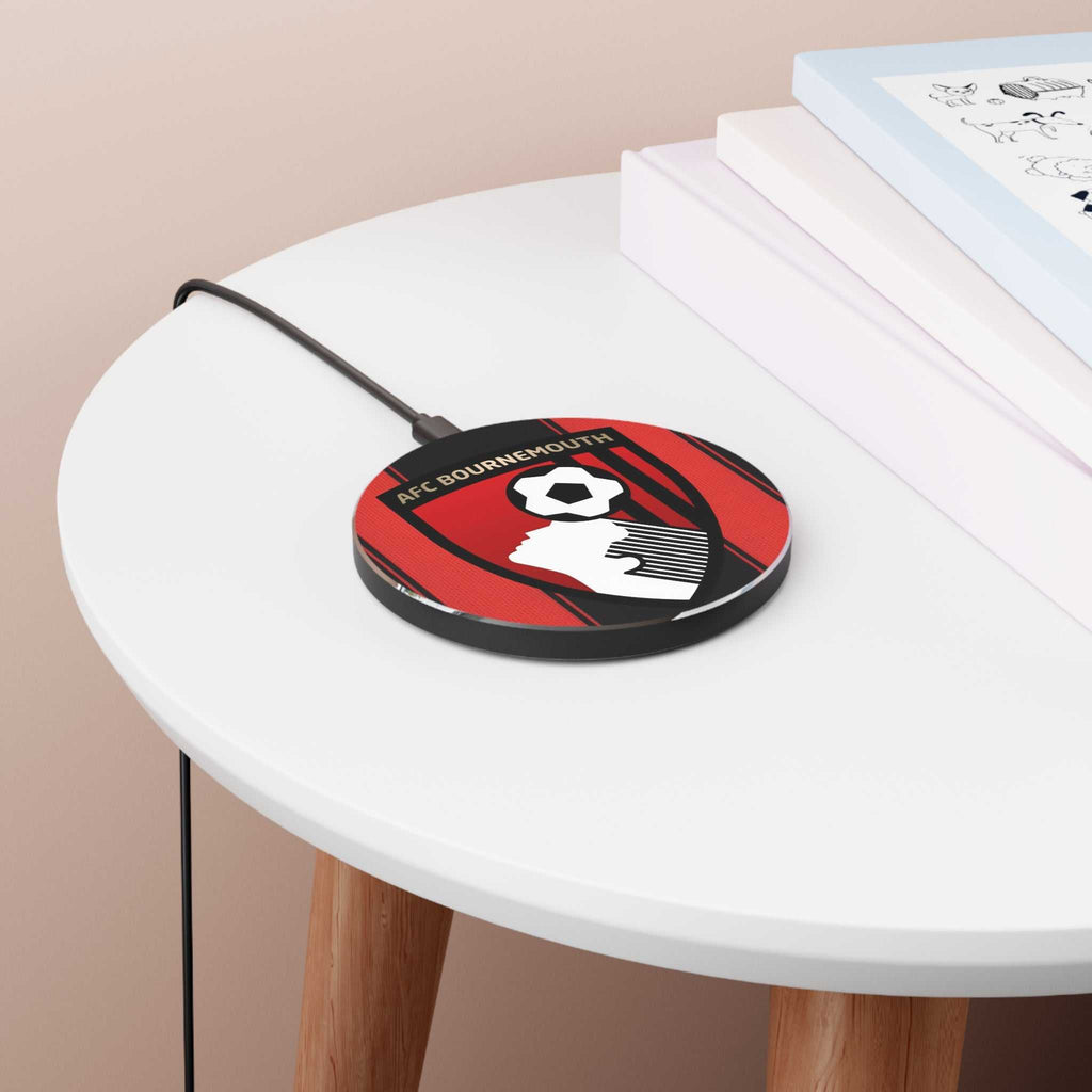 AFC Bournemouth wireless charger in red and black with club crest, 10W fast charging, durable aluminum case, non-slip base, compatible with all Qi phones