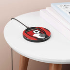 AFC Bournemouth wireless charger in red and black with club crest, 10W fast charging, durable aluminum case, non-slip base, compatible with all Qi phones