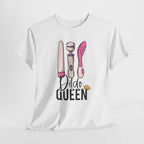 Black Dildo Queen T-Shirt with bold graphic print, 100% cotton, soft and comfortable, perfect for bachelorette parties or casual wear