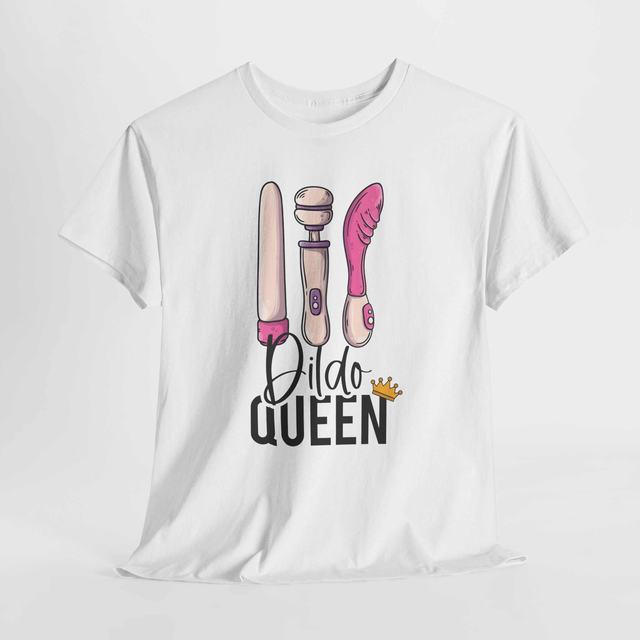 Black Dildo Queen T-Shirt with bold graphic print, 100% cotton, soft and comfortable, perfect for bachelorette parties or casual wear