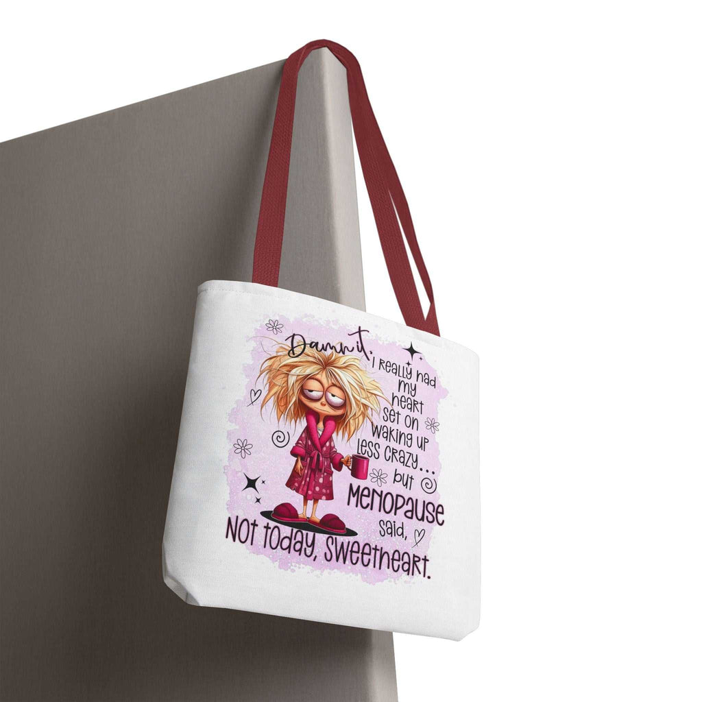 Cheeky Menopause Humour Tote Bag with colorful handles and durable polyester fabric for everyday use
