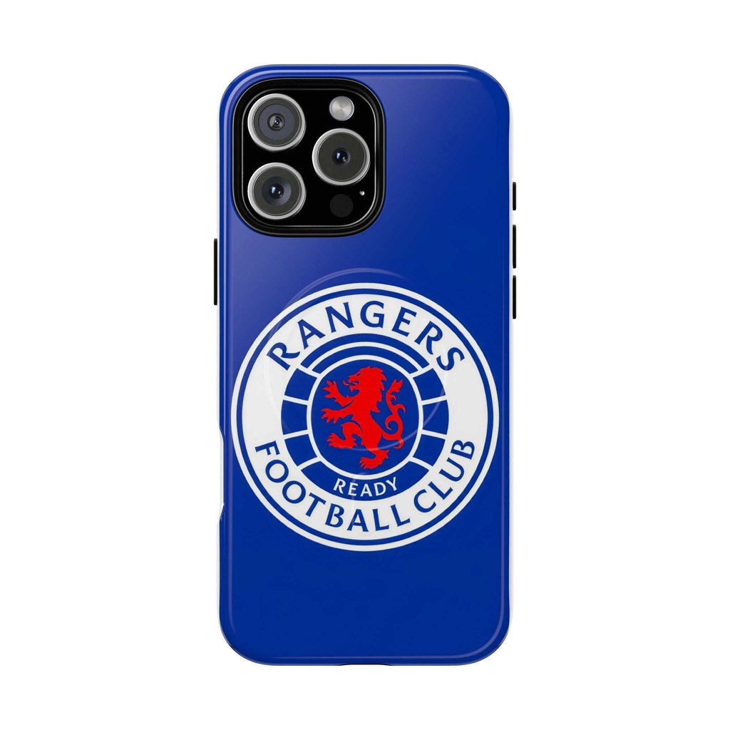 Rangers FC MagSafe iPhone case in royal blue with club crest, dual-layer protection, and MagSafe compatibility.
